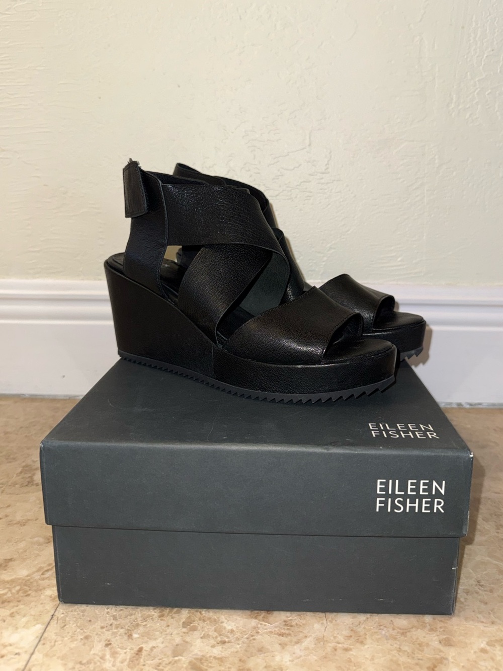Eileen Fisher Black Leather Crossover Wedge Sandals